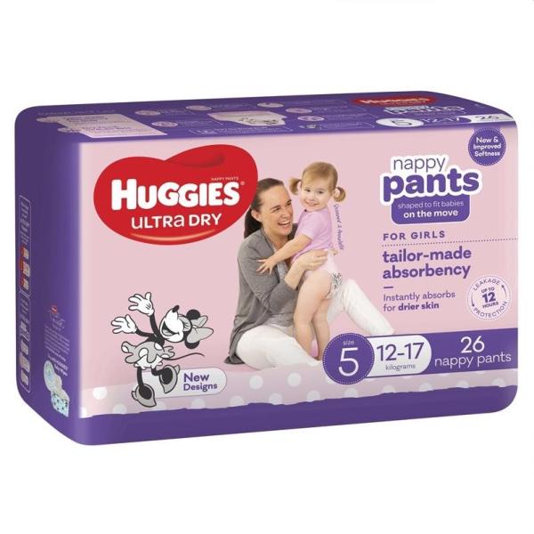 HUGGIES U/DRY GIRL NAPPY PANTS 12-17KG (4X26)