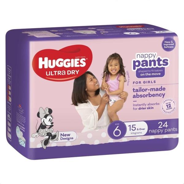 HUGGIES U/DRY GIRL NAPPY PANTS 15+ KG (4X24)
