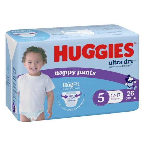 HUGGIES U/DRY BOY NAPPY PANTS SZ5 12-17KG (26X3)
