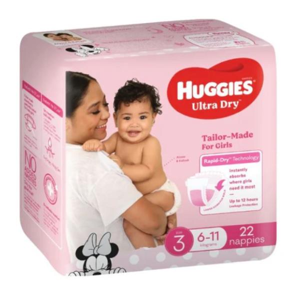 HUGGIES U/DRY NAPPIES GIRL SZ3 6-11KG (4X22)