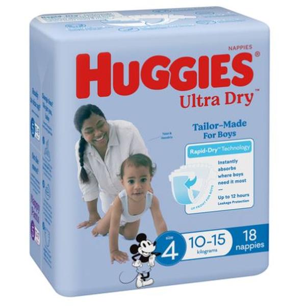 HUGGIES U/DRY NAPPIES BOY SZ4 10-15KG (4X18)