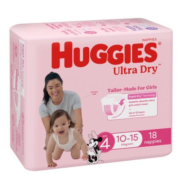 HUGGIES U/DRY NAPPIES GIRL SZ4 10-15KG (4X18)