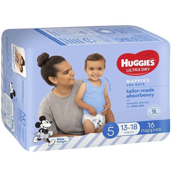 HUGGIES U/DRY NAPPIES BOY SZ5 13-18KG (4x16)