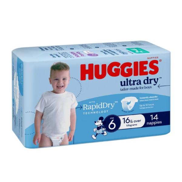 HUGGIES U/DRY NAPPIES BOY SZ6 16+ KG (4X14)