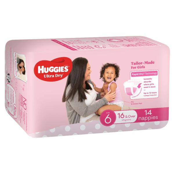 HUGGIES U/DRY NAPPIES GIRL SZ6 16+ KG (4X14)