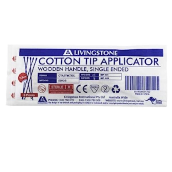 COTTON TIP APPLICATOR STERILE 7.5CM WOOD (5)     